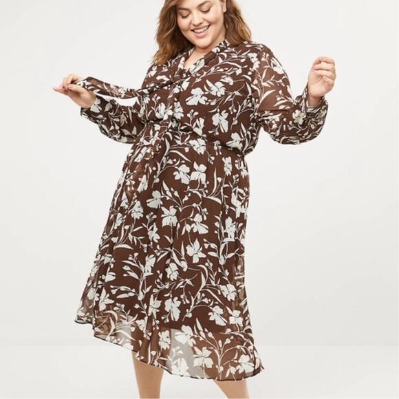 Lane Bryant Tie Neck Bow Brown and Off White Floral Sheer Midi Dress 22 - Picture 2 of 13